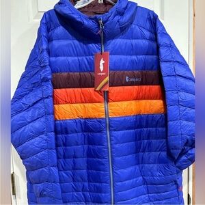 Cotopaxi Men’s XXL Fuego Hooded Down Puffer Jacket Blue Violet Stripes NWT